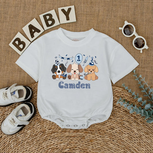 Let's Pawty Puppy Birthday Romper Pastel Cartoon Puppies Personalized Camden Name 1st Birthday Outfit Baby Boy Girl Gift