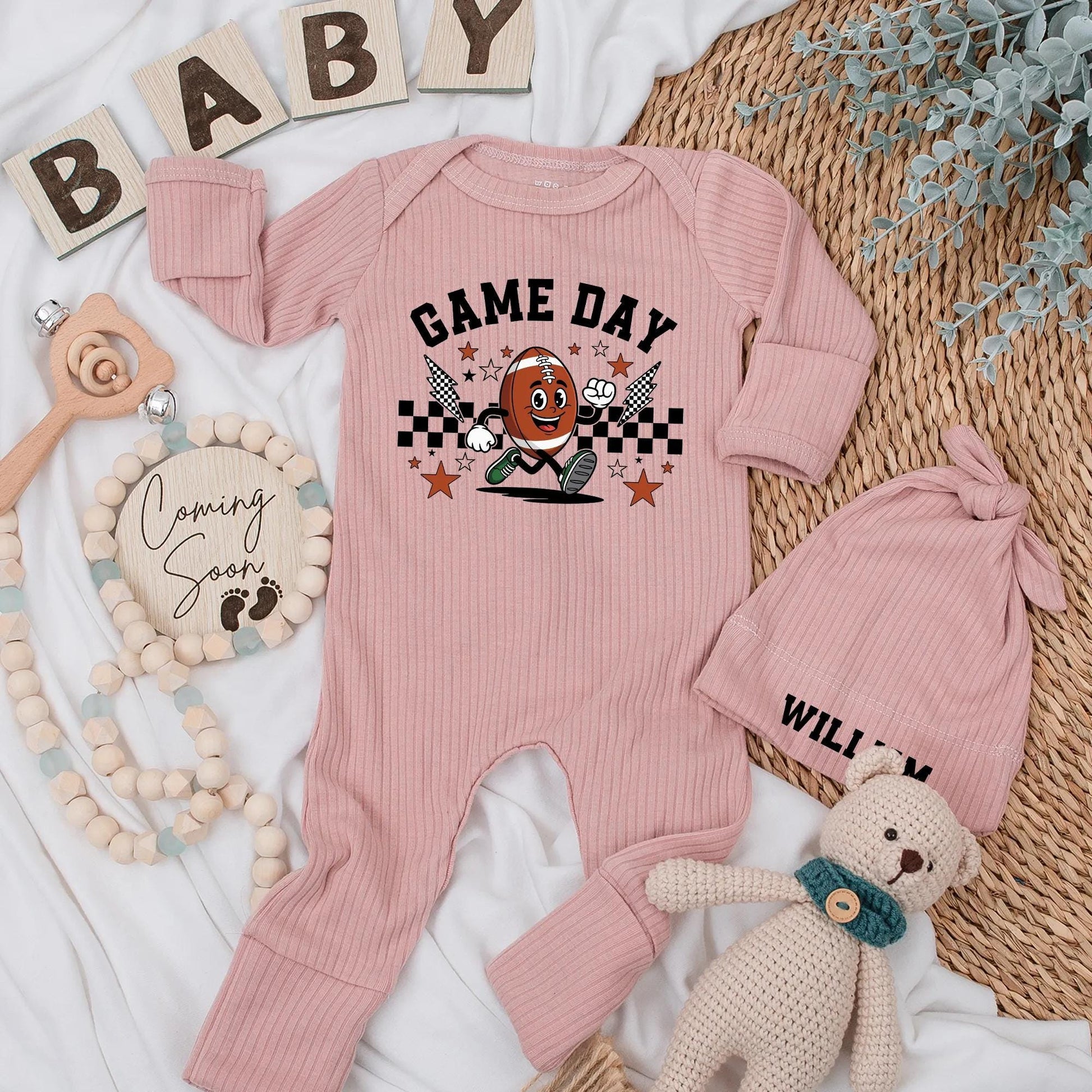 Game Day Football Baby Bodysuit - My First Season Outfit, Retro Cartoon Design with Lightning Bolts & Checkers, Personalized Newborn Clothes Gift, 138 Chars
