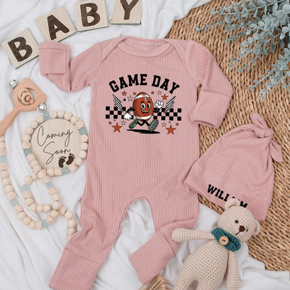 Game Day Football Baby Bodysuit - My First Season Outfit, Retro Cartoon Design with Lightning Bolts & Checkers, Personalized Newborn Clothes Gift, 138 Chars