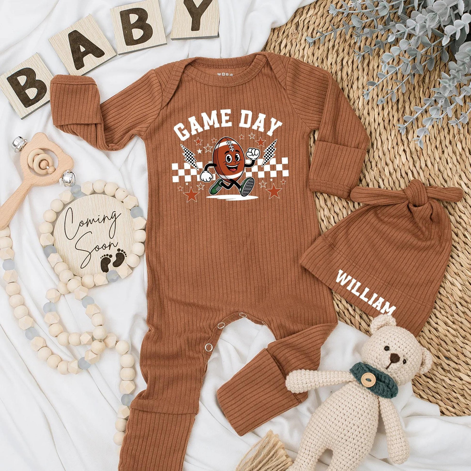 Game Day Football Baby Bodysuit - My First Season Outfit, Retro Cartoon Design with Lightning Bolts & Checkers, Personalized Newborn Clothes Gift, 138 Chars