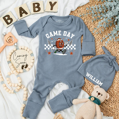 Game Day Football Baby Bodysuit - My First Season Outfit, Retro Cartoon Design with Lightning Bolts & Checkers, Personalized Newborn Clothes Gift, 138 Chars