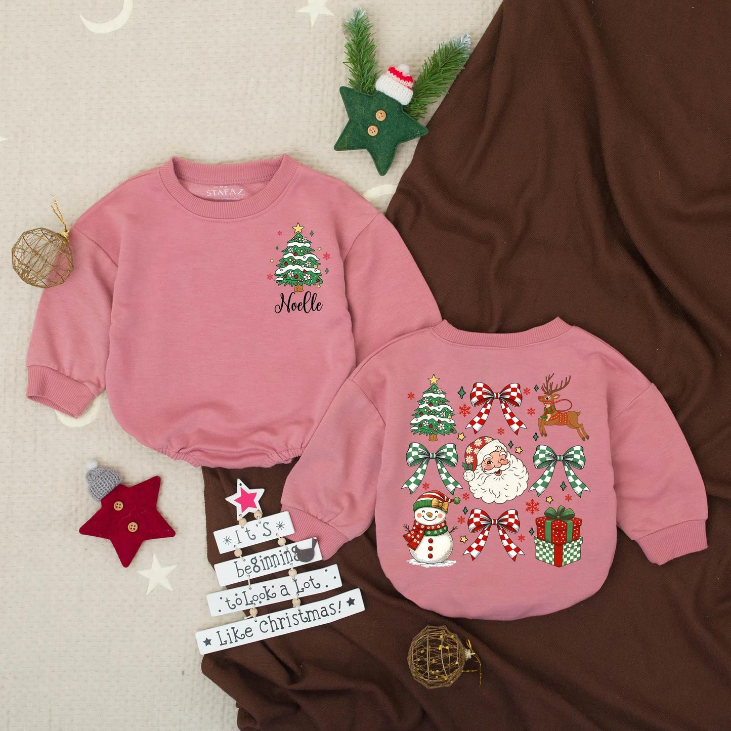 My First Christmas Bubble Romper "Noelle" Tree Baby Outfit Festive Newborn Sweatshirt, Red Car Holiday Romper, Winter Baby Shower Gift Set,137 chars
