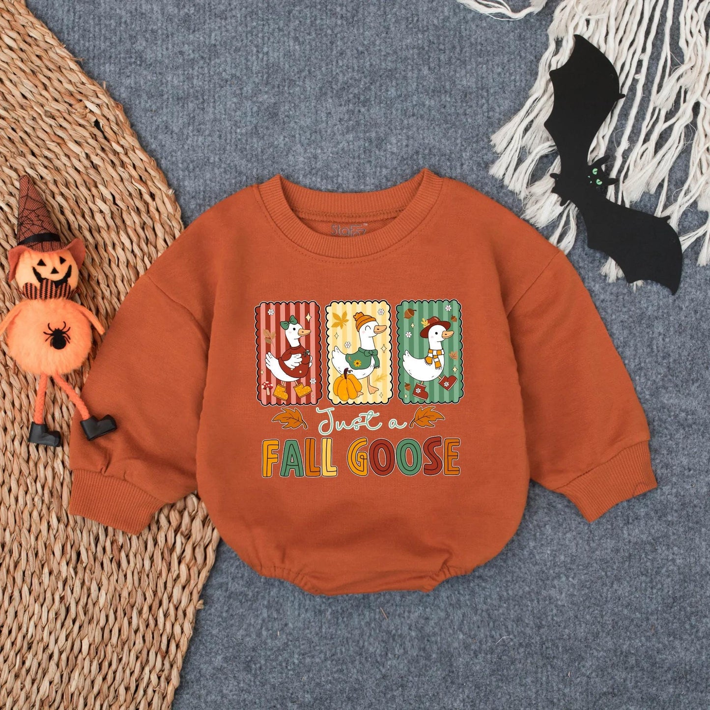 Cute Whimsical Fall Goose Baby Bubble Romper Autumn Infant Girl Outfit Cozy Farm Animal Thanksgiving Toddler Soft Retro Design Gift