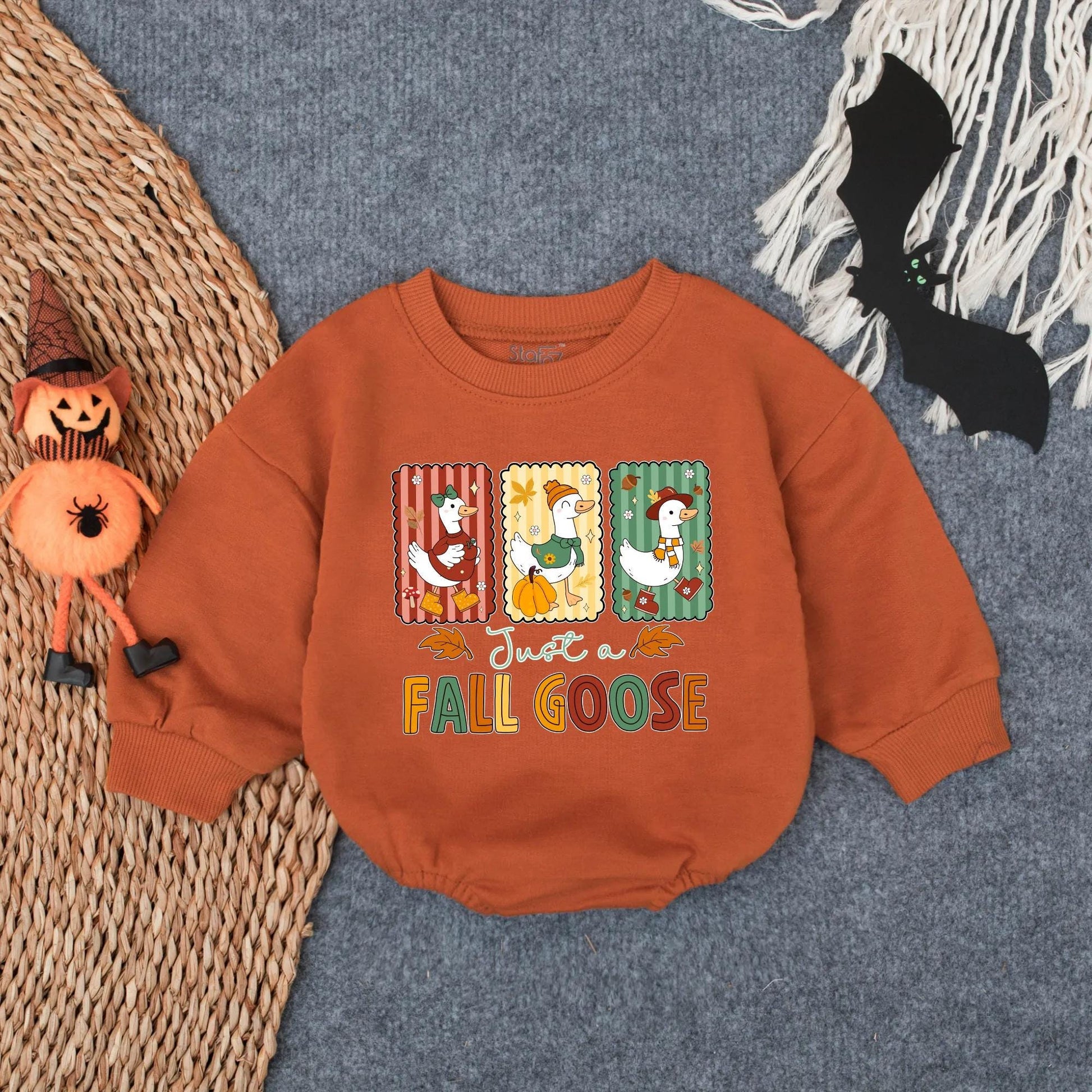 Cute Whimsical Fall Goose Baby Bubble Romper Autumn Infant Girl Outfit Cozy Farm Animal Thanksgiving Toddler Soft Retro Design Gift