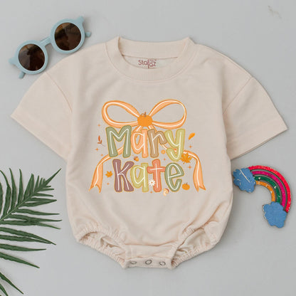 Mary Kate Thanksgiving Baby Romper, Pumpkin Bow Custom Name Bodysuit, Fall Autumn Baby Girl Gift, Baby Shower, First Thanksgiving Outfit