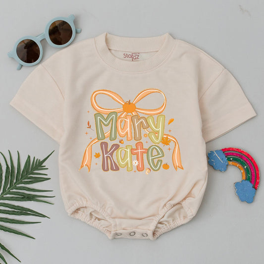 Mary Kate Thanksgiving Baby Romper, Pumpkin Bow Custom Name Bodysuit, Fall Autumn Baby Girl Gift, Baby Shower, First Thanksgiving Outfit