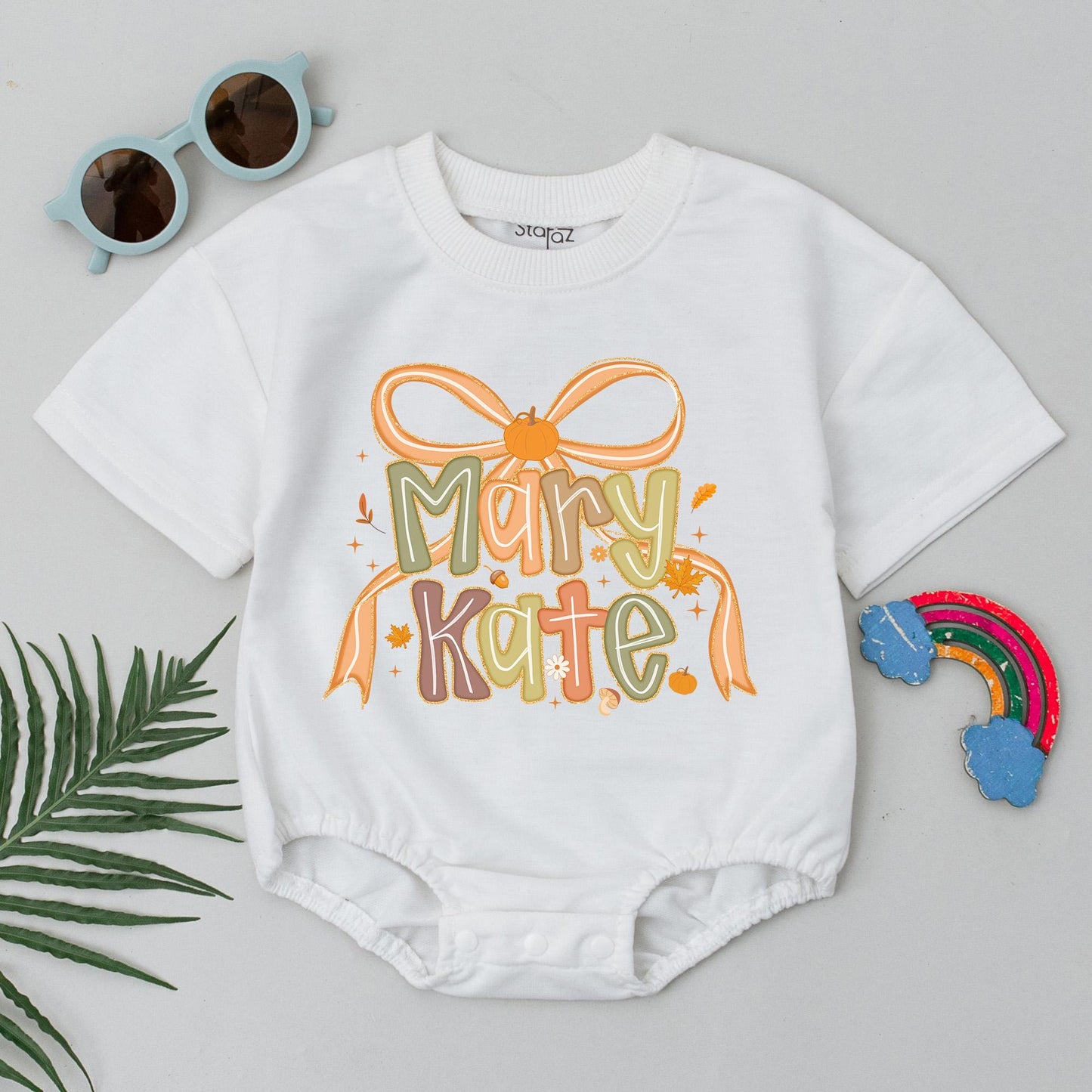 Mary Kate Thanksgiving Baby Romper, Pumpkin Bow Custom Name Bodysuit, Fall Autumn Baby Girl Gift, Baby Shower, First Thanksgiving Outfit