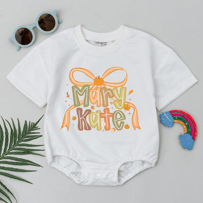 Mary Kate Thanksgiving Baby Romper, Pumpkin Bow Custom Name Bodysuit, Fall Autumn Baby Girl Gift, Baby Shower, First Thanksgiving Outfit