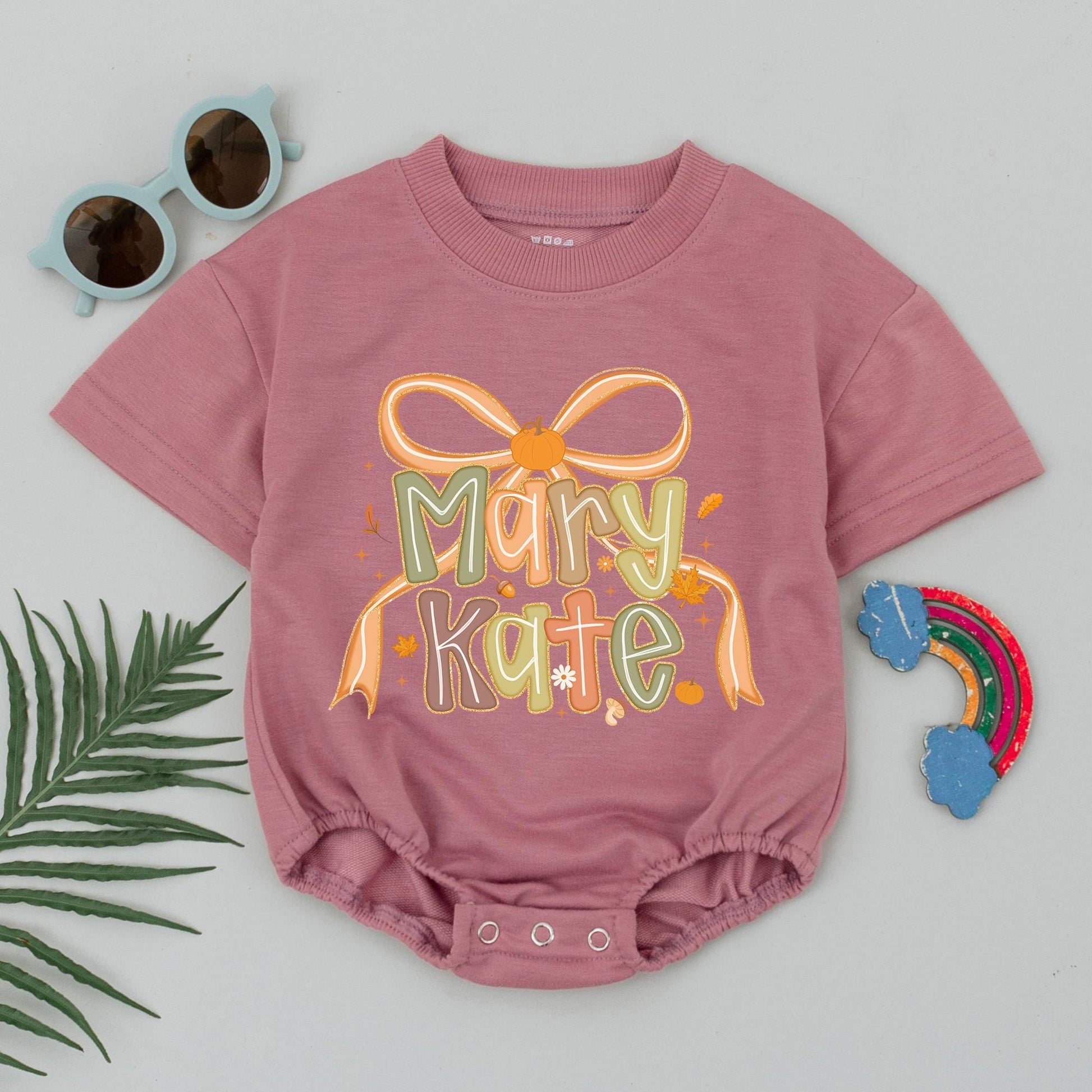 Mary Kate Thanksgiving Baby Romper, Pumpkin Bow Custom Name Bodysuit, Fall Autumn Baby Girl Gift, Baby Shower, First Thanksgiving Outfit