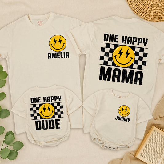 One Happy Dude Retro Smiley Face Lightning Eyes Birthday Shirt Custom Name Family Tees 1st Birthday Outfit