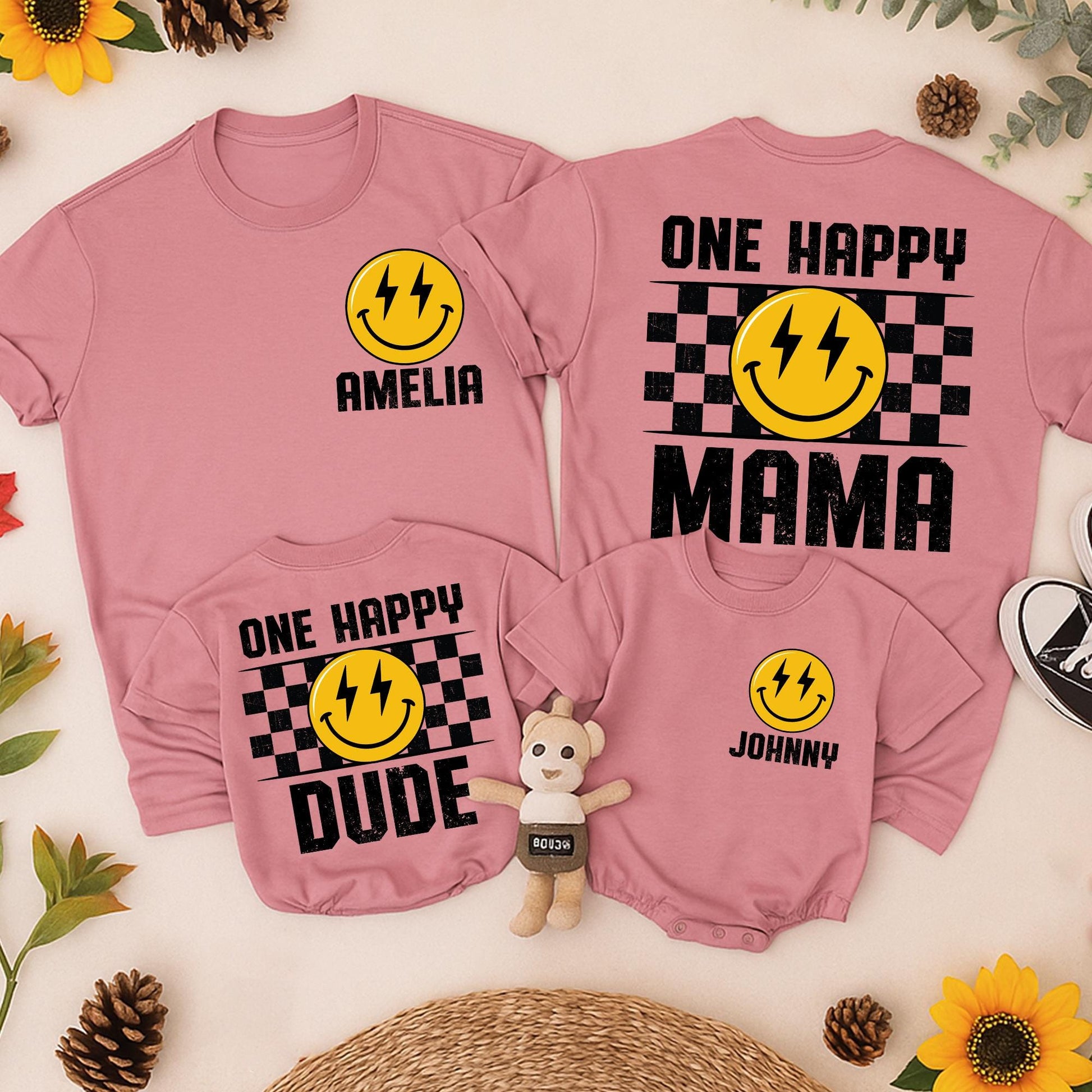 One Happy Dude Retro Smiley Face Lightning Eyes Birthday Shirt Custom Name Family Tees 1st Birthday Outfit