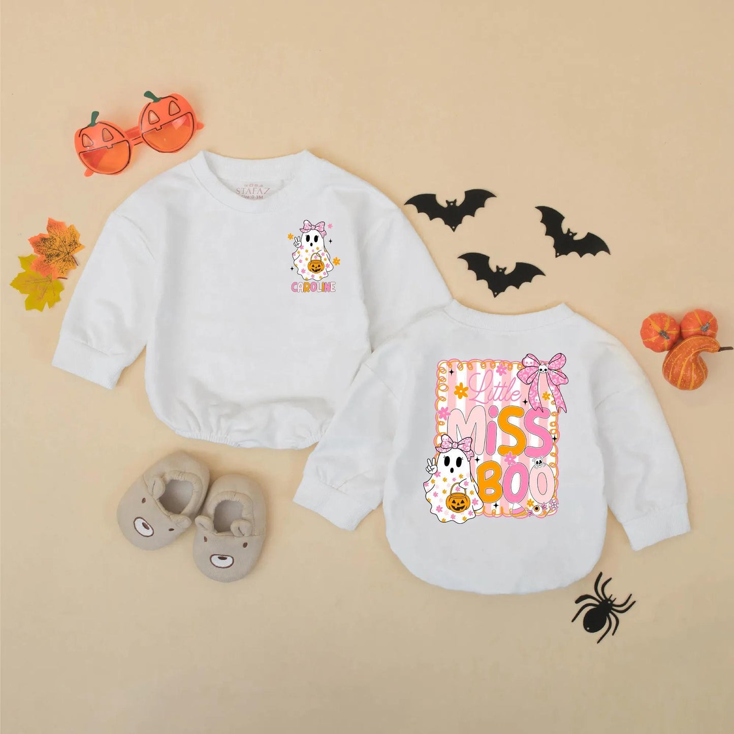 Personalized Little Miss Boo Romper: Custom Baby Girl Halloween Outfit with Cute Ghost & Bows, Fall Clothes, Spooky Season First Halloween Gift (138 chars)