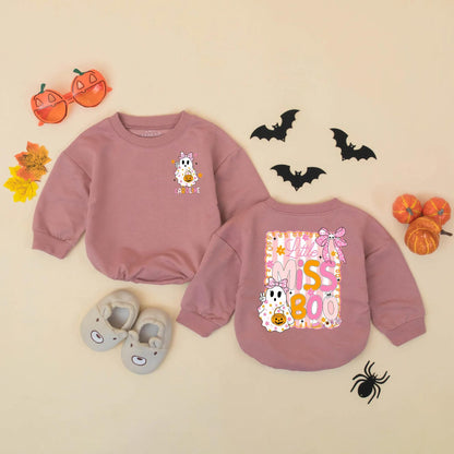 Personalized Little Miss Boo Romper: Custom Baby Girl Halloween Outfit with Cute Ghost & Bows, Fall Clothes, Spooky Season First Halloween Gift (138 chars)