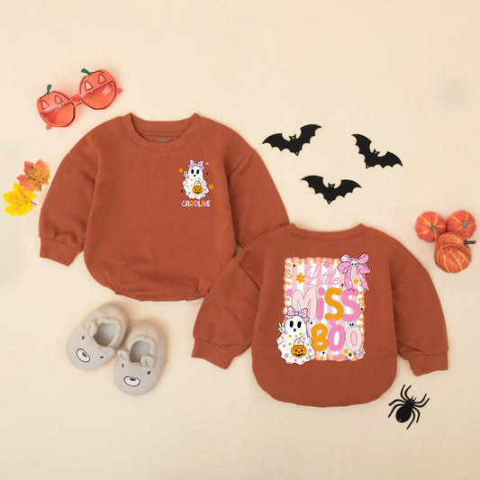 Personalized Little Miss Boo Romper: Custom Baby Girl Halloween Outfit with Cute Ghost & Bows, Fall Clothes, Spooky Season First Halloween Gift (138 chars)