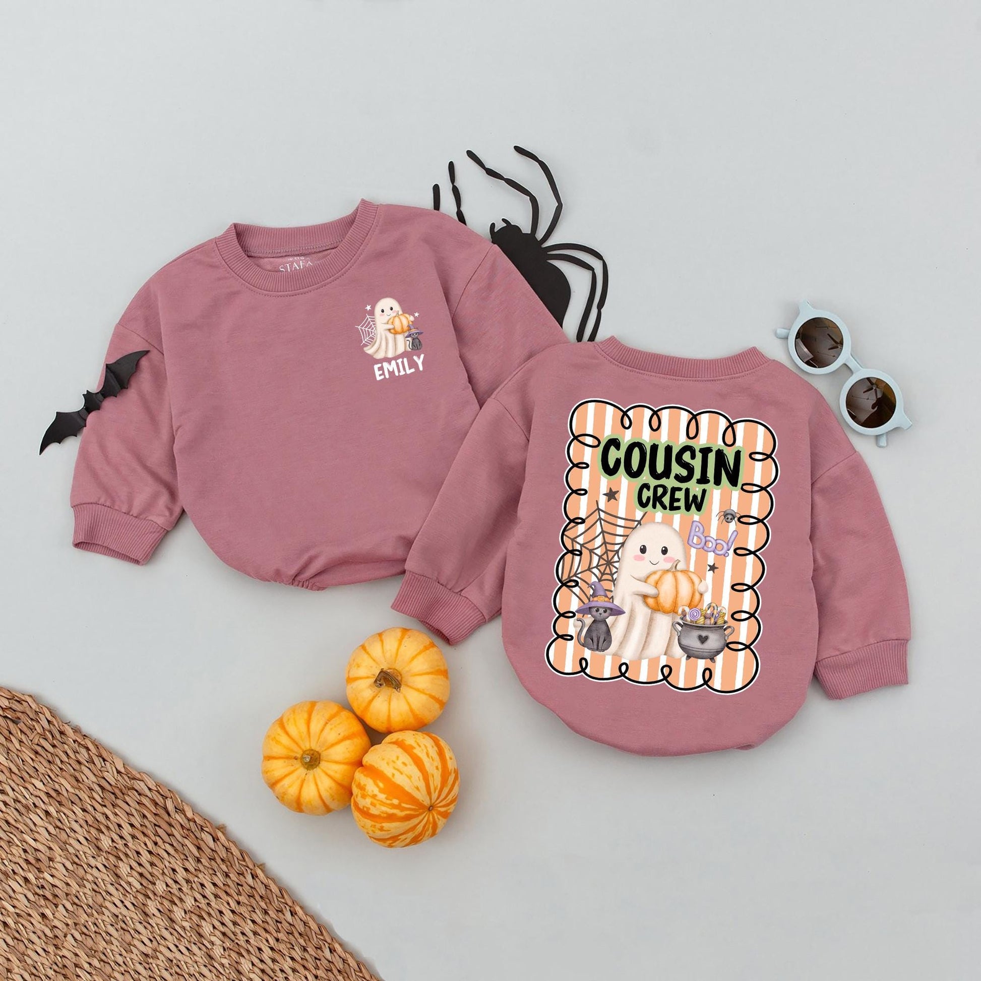 Personalized Cousin Crew Halloween Romper: Ghost, Cat, Pumpkin Fun! Matching Baby Outfit, Custom Name 2025, Playful Halloween Kids Apparel (139 chars)
