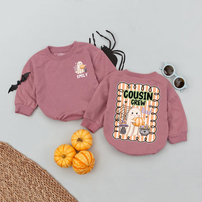 Personalized Cousin Crew Halloween Romper: Ghost, Cat, Pumpkin Fun! Matching Baby Outfit, Custom Name 2025, Playful Halloween Kids Apparel (139 chars)