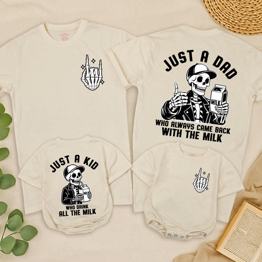Just a Dad Back with the Milk Skeleton Halloween T-Shirt & Just a Kid Drinks All the Milk Baby Romper Matching Outfit