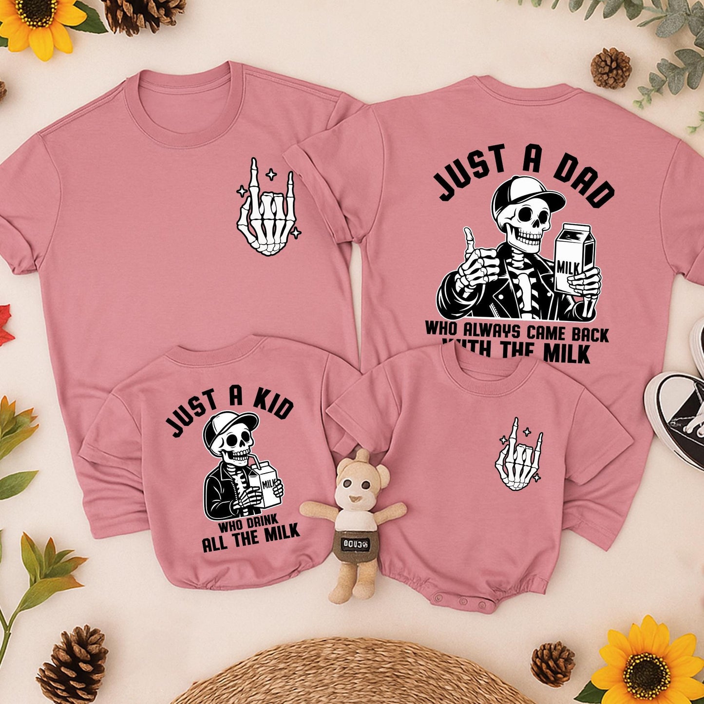 Just a Dad Back with the Milk Skeleton Halloween T-Shirt & Just a Kid Drinks All the Milk Baby Romper Matching Outfit