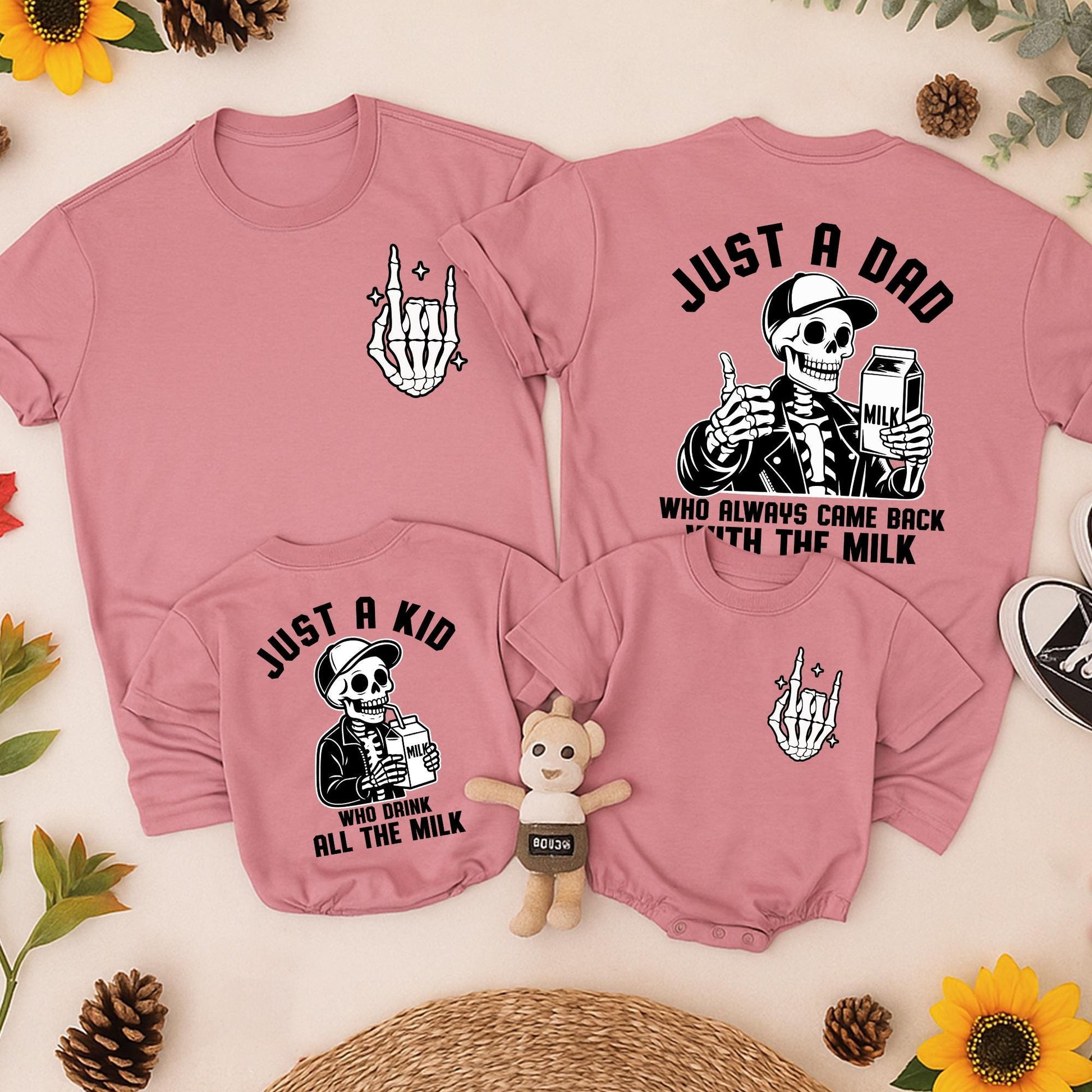 Just a Dad Back with the Milk Skeleton Halloween T-Shirt & Just a Kid Drinks All the Milk Baby Romper Matching Outfit