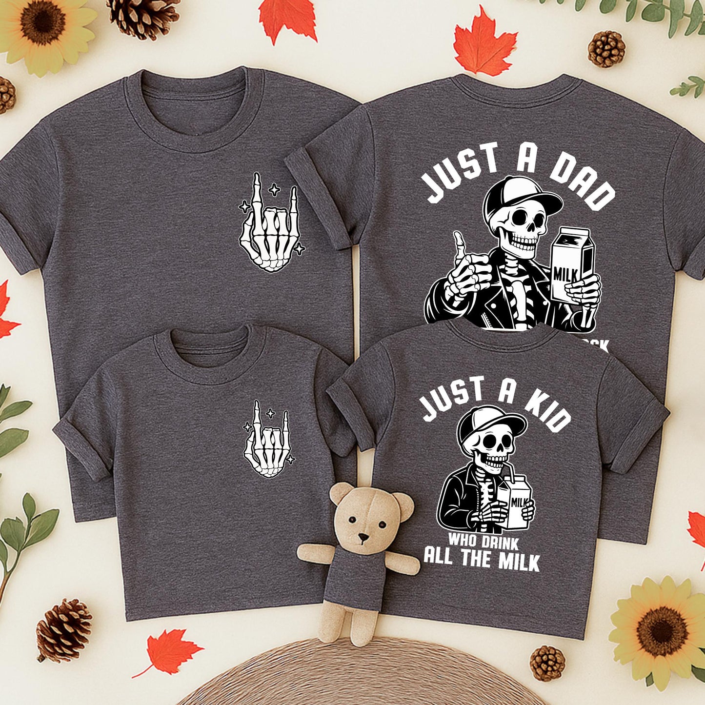 Just a Dad Back with the Milk Skeleton Halloween T-Shirt & Just a Kid Drinks All the Milk Baby Romper Matching Outfit