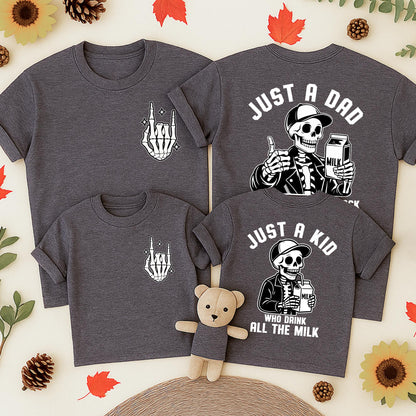 Just a Dad Back with the Milk Skeleton Halloween T-Shirt & Just a Kid Drinks All the Milk Baby Romper Matching Outfit