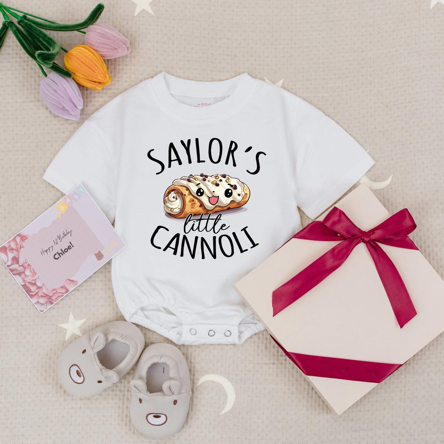 Custom Name Smiling Cannoli Baby Romper, Italian Foodie Infant Bodysuit, Playful Pastry Birthday Outfit with Whimsical Design