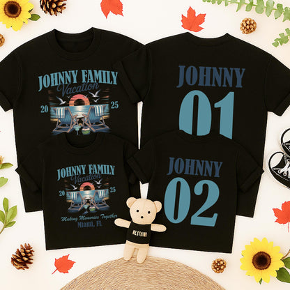 Personalized Johnny Family Vacation 2025 Beach Trip Shirts Making Memories Together Miami FL Retro Sunset Matching Family Tees