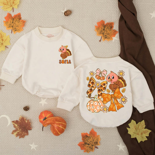 Custom Preppy Fall Turkey Baby Romper Thanksgiving Infant Outfit Toddler Gobble Clothes Warm Colorful Retro Pumpkin Flower Bow Design Holiday Gift
