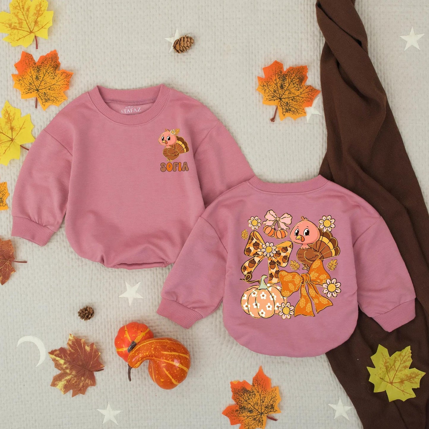 Custom Preppy Fall Turkey Baby Romper Thanksgiving Infant Outfit Toddler Gobble Clothes Warm Colorful Retro Pumpkin Flower Bow Design Holiday Gift