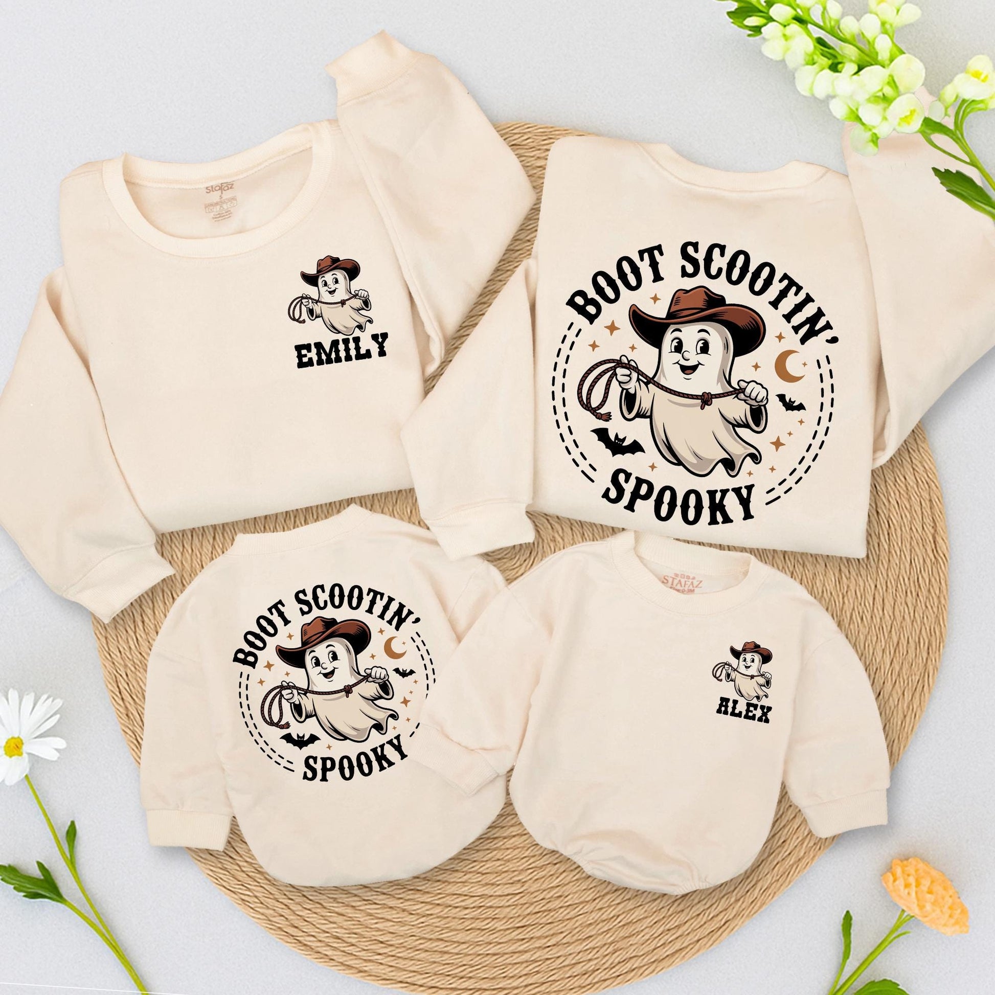 Personalized Boot Scootin Spooky Ghost Romper Cowboy Cowgirl Halloween Family Mommy Me Baby Shower Gift Beige Brown