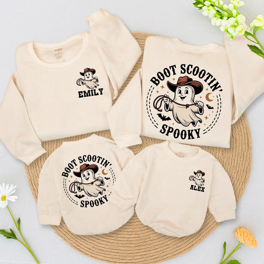 Personalized Boot Scootin Spooky Ghost Romper Cowboy Cowgirl Halloween Family Mommy Me Baby Shower Gift Beige Brown