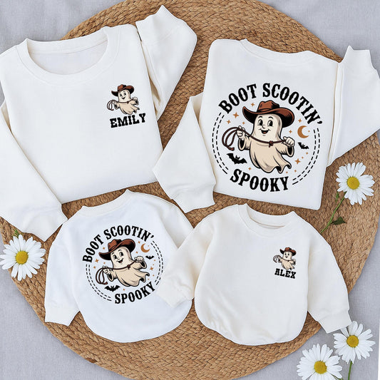 Personalized Boot Scootin Spooky Ghost Romper Cowboy Cowgirl Halloween Family Mommy Me Baby Shower Gift Beige Brown
