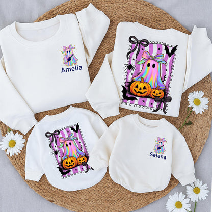Personalized Shimmering Ghost Romper & Family Halloween Sweatshirt Set, Iridescent Baby Outfit, Mommy & Me, Cute Spooky Fall, Custom