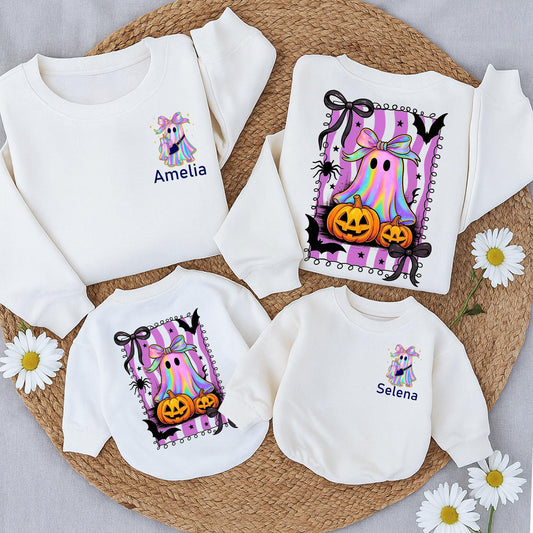 Personalized Shimmering Ghost Romper & Family Halloween Sweatshirt Set, Iridescent Baby Outfit, Mommy & Me, Cute Spooky Fall, Custom