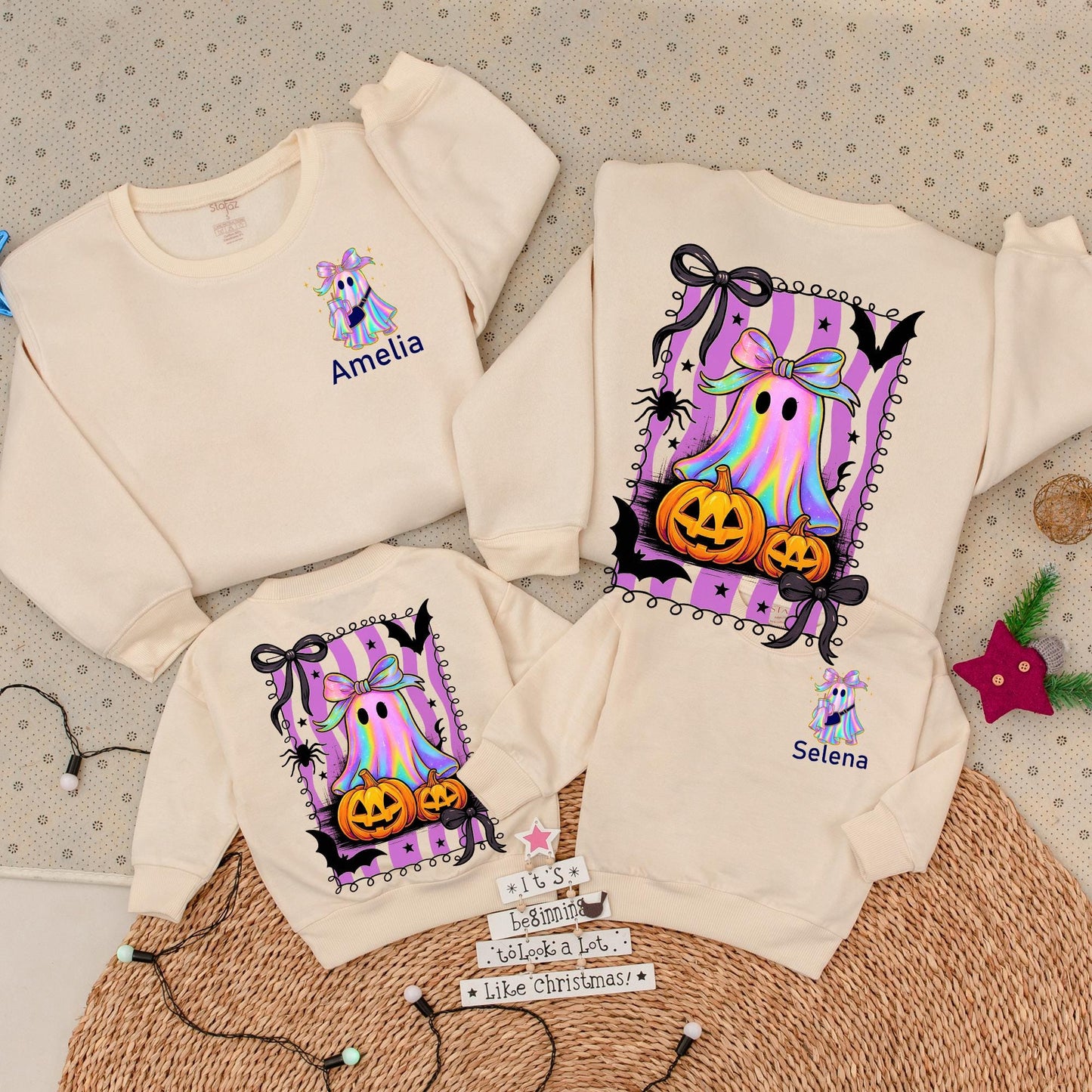 Personalized Shimmering Ghost Romper & Family Halloween Sweatshirt Set, Iridescent Baby Outfit, Mommy & Me, Cute Spooky Fall, Custom