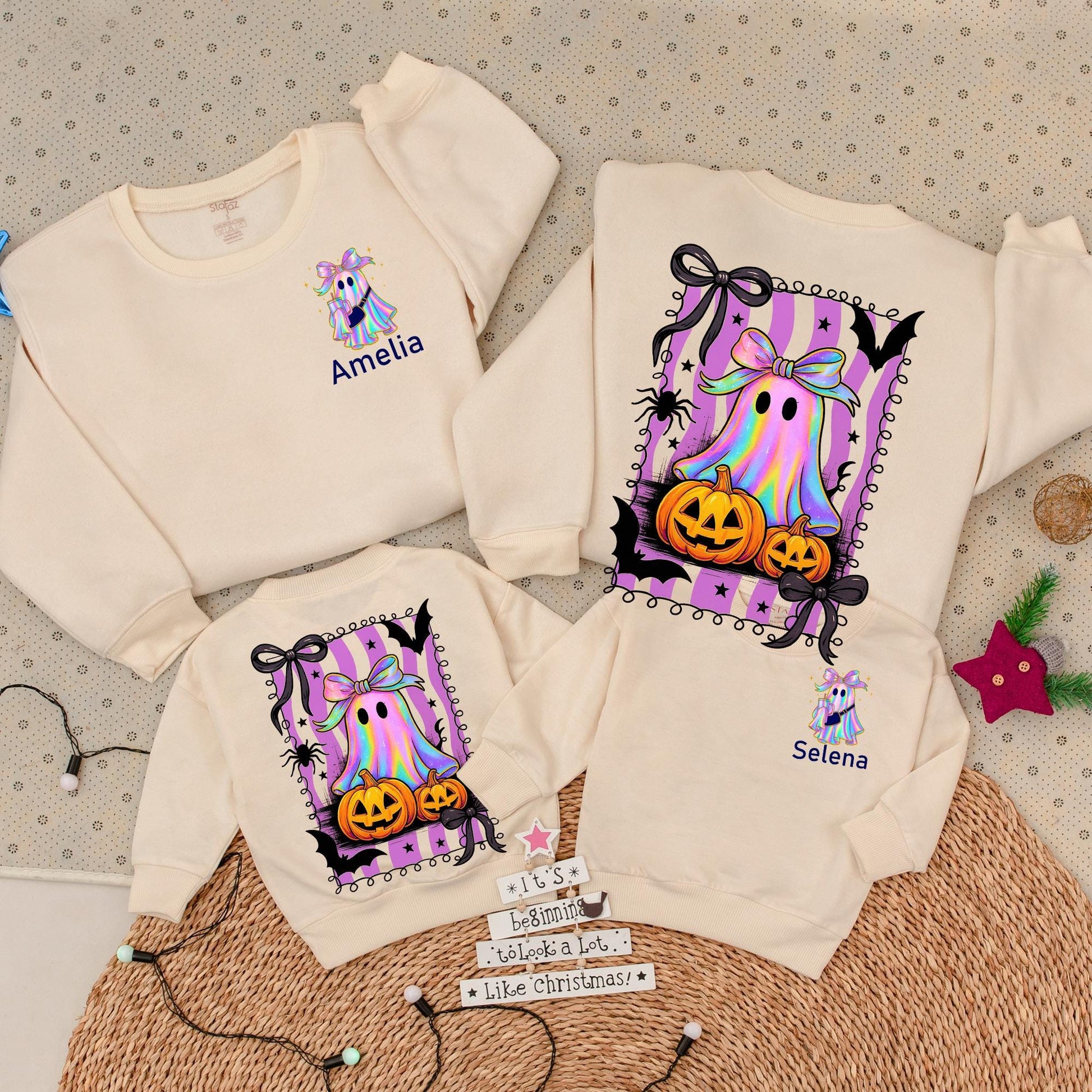 Personalized Shimmering Ghost Romper & Family Halloween Sweatshirt Set, Iridescent Baby Outfit, Mommy & Me, Cute Spooky Fall, Custom