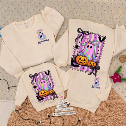 Personalized Shimmering Ghost Romper & Family Halloween Sweatshirt Set, Iridescent Baby Outfit, Mommy & Me, Cute Spooky Fall, Custom