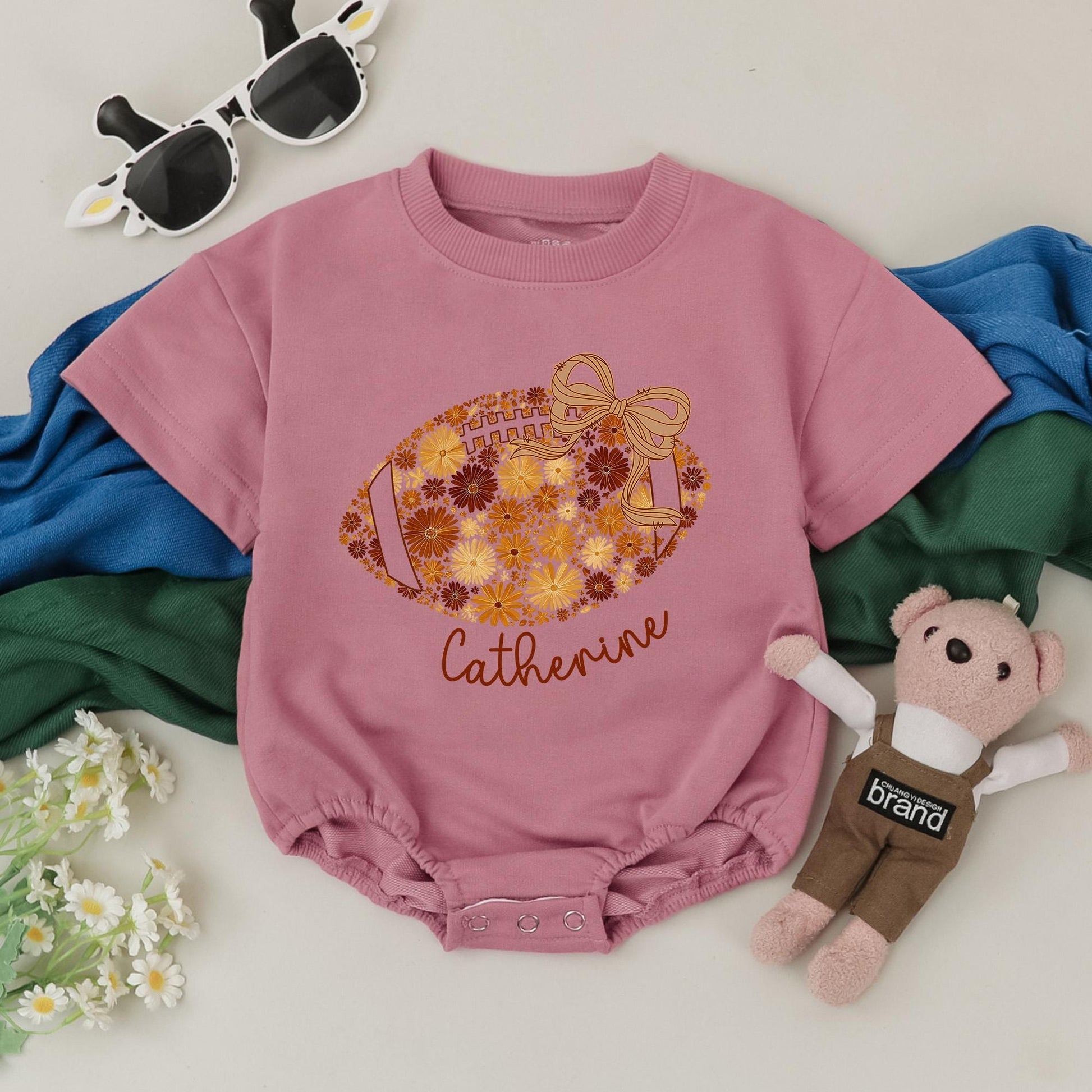 Personalized Floral Football Romper with Name Catherine Baby Girl Game Day Outfit Retro Brown Beige Chinoiserie Bubble Newborn Gift