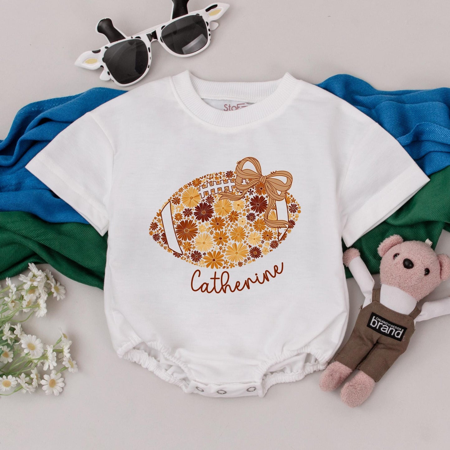 Personalized Floral Football Romper with Name Catherine Baby Girl Game Day Outfit Retro Brown Beige Chinoiserie Bubble Newborn Gift