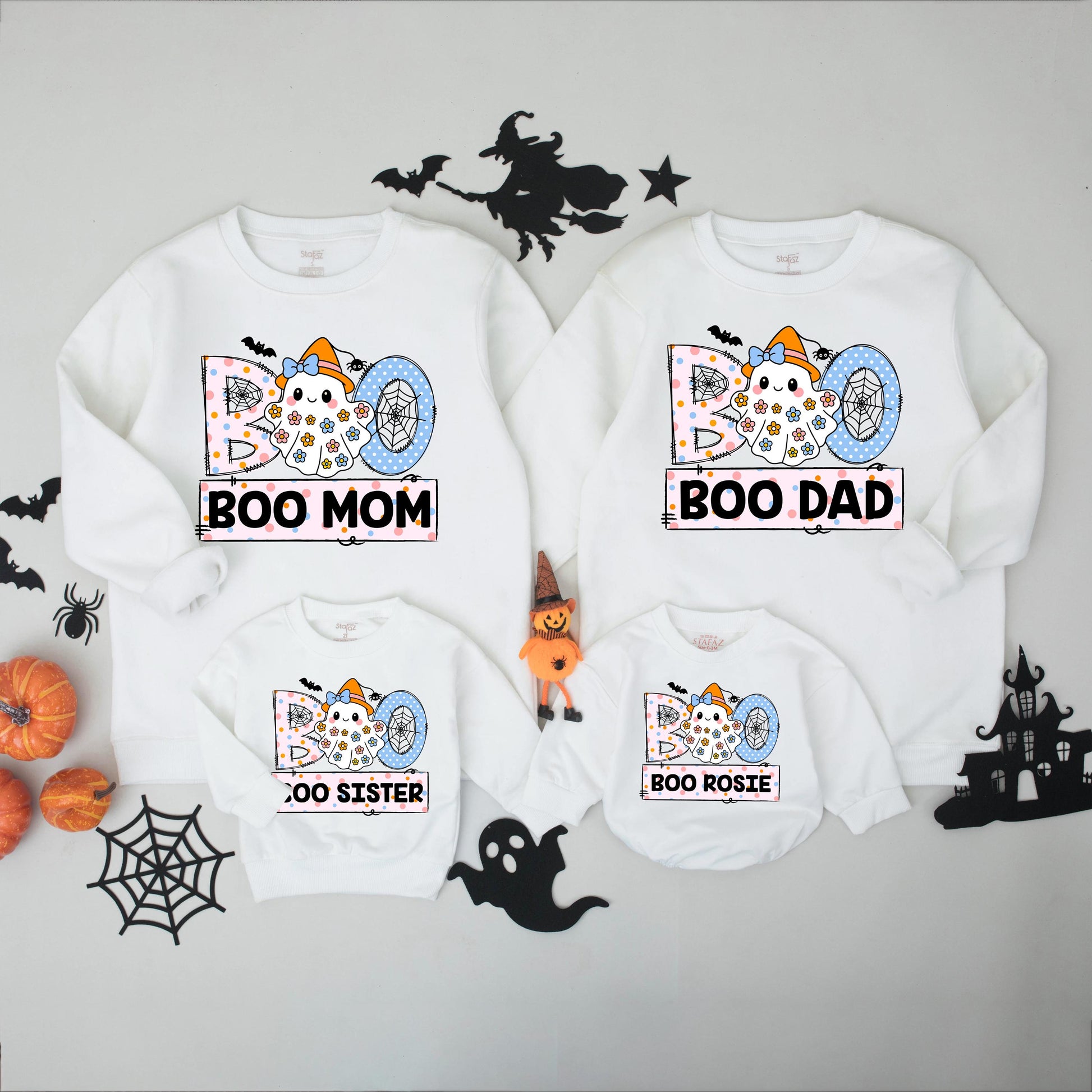 Personalized Boo Ghost Family Matching Halloween Shirts with Witch Hat, Playful Pastel Name Tees for Kids, Baby & Toddlers, Floral Decorated.