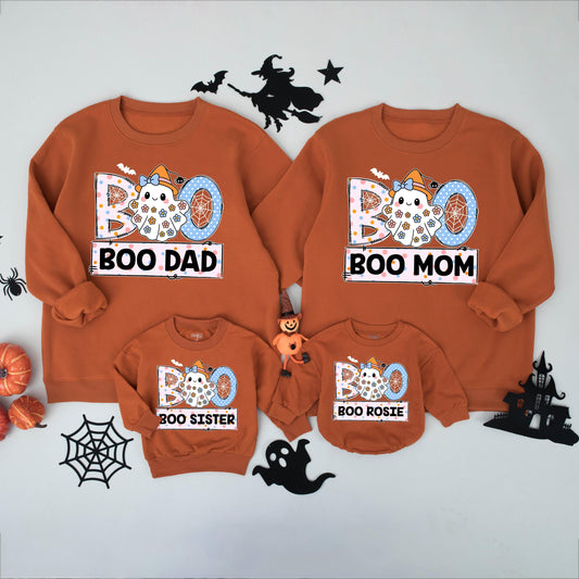 Personalized Boo Ghost Family Matching Halloween Shirts with Witch Hat, Playful Pastel Name Tees for Kids, Baby & Toddlers, Floral Decorated.