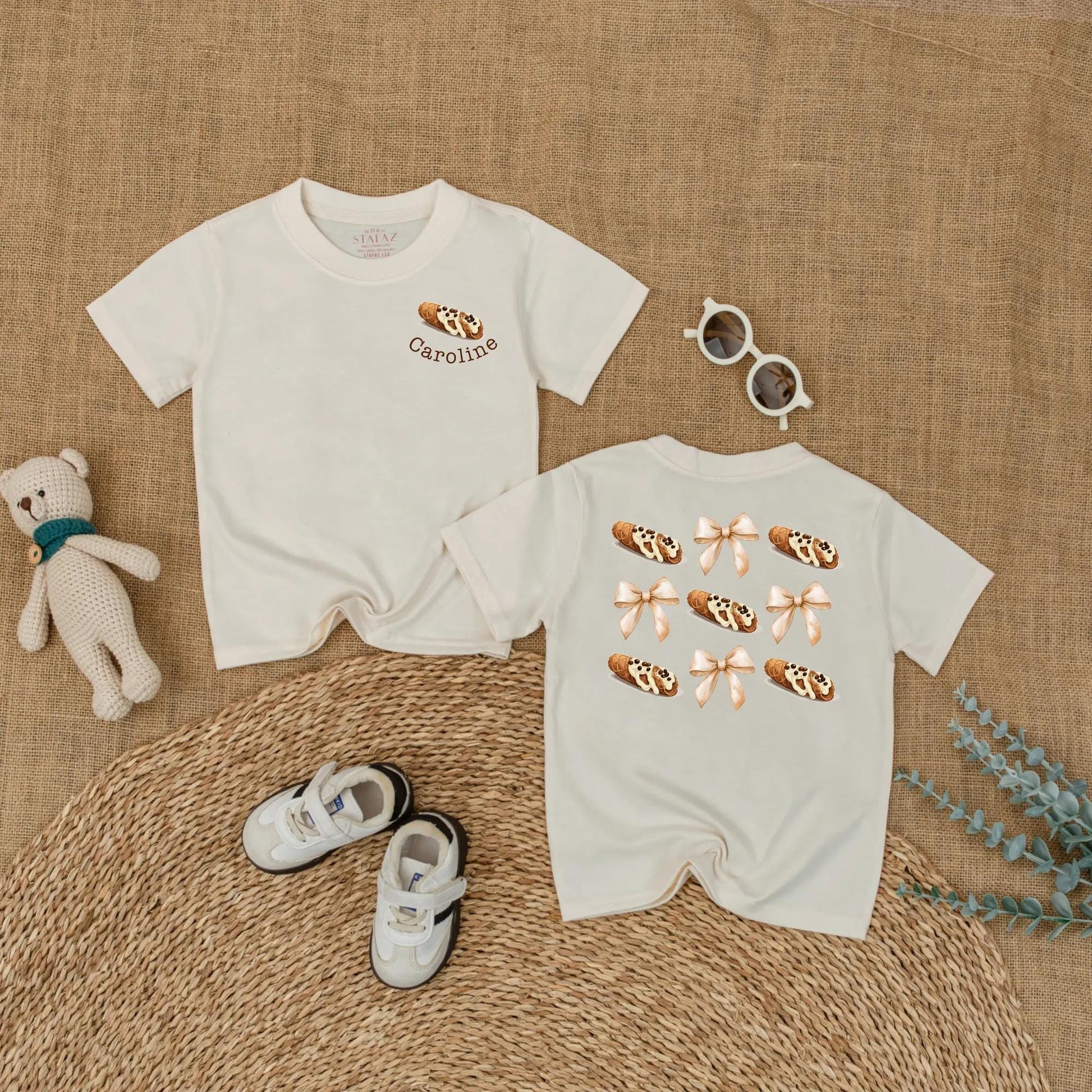 Little Cannoli Baby Romper Personalized with Name, Cute Italian Food Bodysuit, Whimsical Pastry Newborn Outfit, Shower Gift with Bows, 138