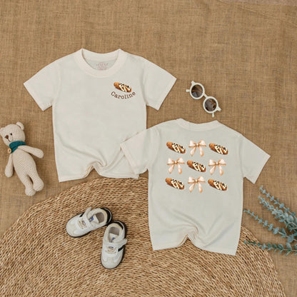 Little Cannoli Baby Romper Personalized with Name, Cute Italian Food Bodysuit, Whimsical Pastry Newborn Outfit, Shower Gift with Bows, 138