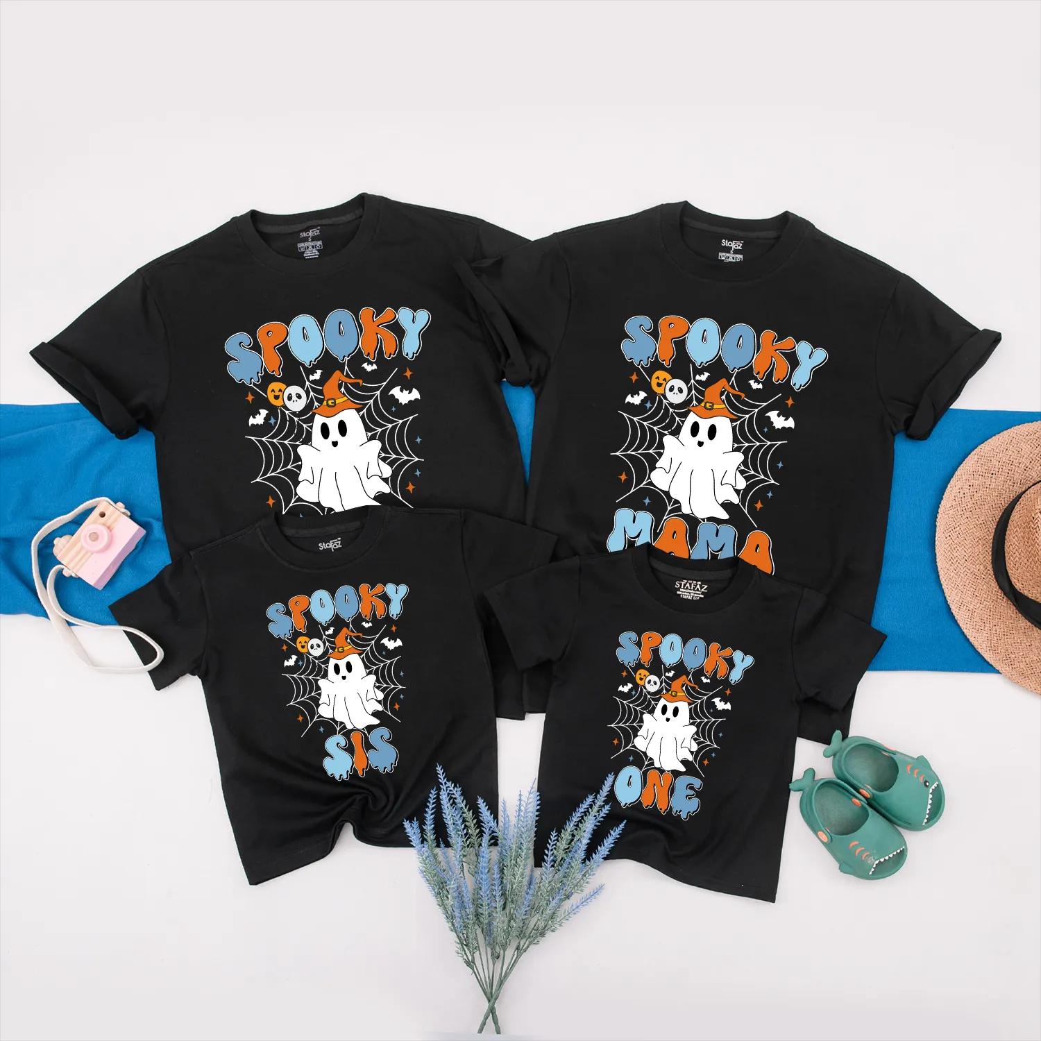 Spooky One Ghost 1st Birthday Matching Family Halloween Shirts Retro Orange & Blue Design for Mama, Bro - Playful First Birthday Party Outfit (139 chars)