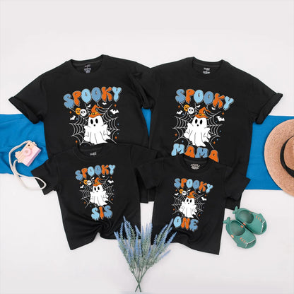 Spooky One Ghost 1st Birthday Matching Family Halloween Shirts Retro Orange & Blue Design for Mama, Bro - Playful First Birthday Party Outfit (139 chars)