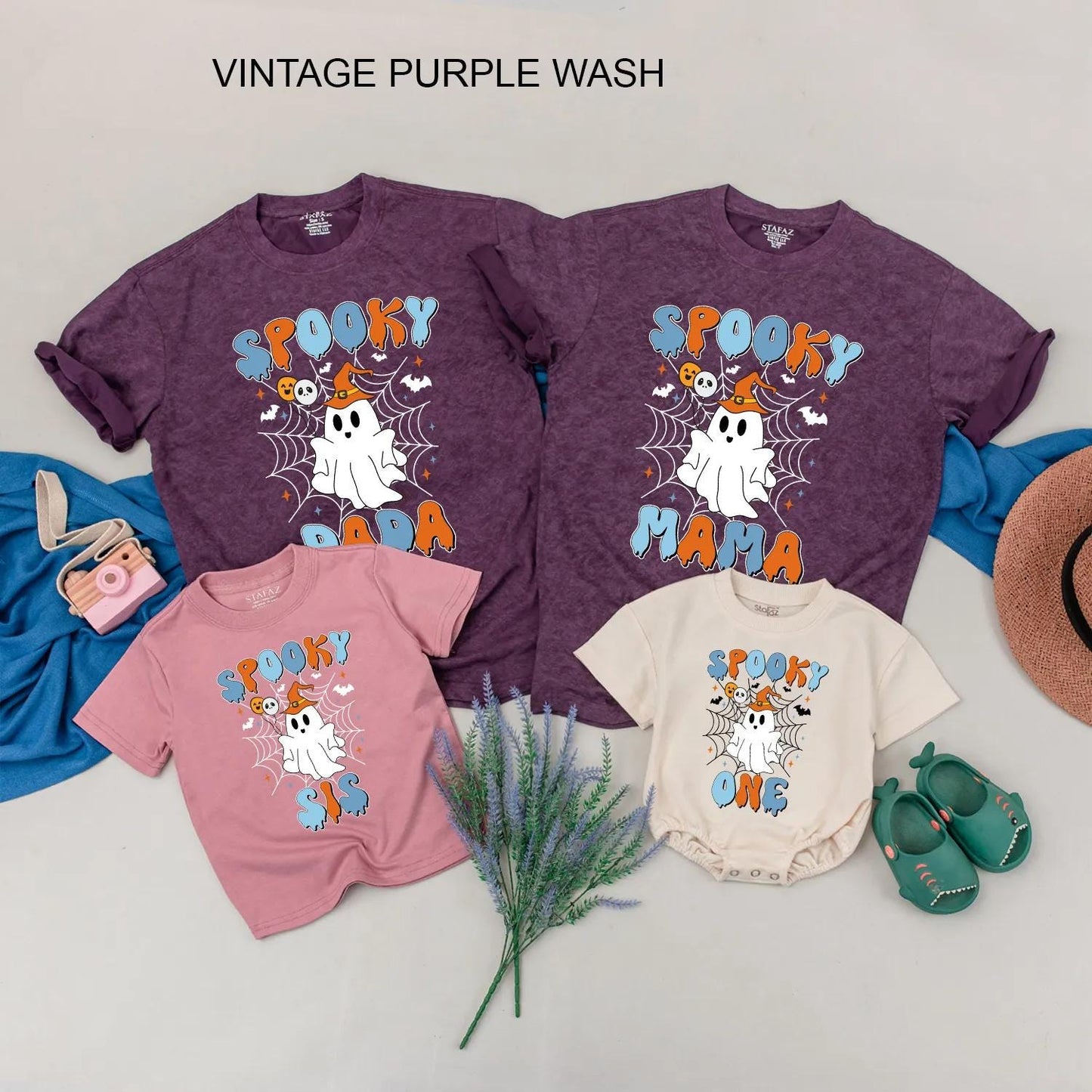Spooky One Ghost 1st Birthday Matching Family Halloween Shirts Retro Orange & Blue Design for Mama, Bro - Playful First Birthday Party Outfit (139 chars)