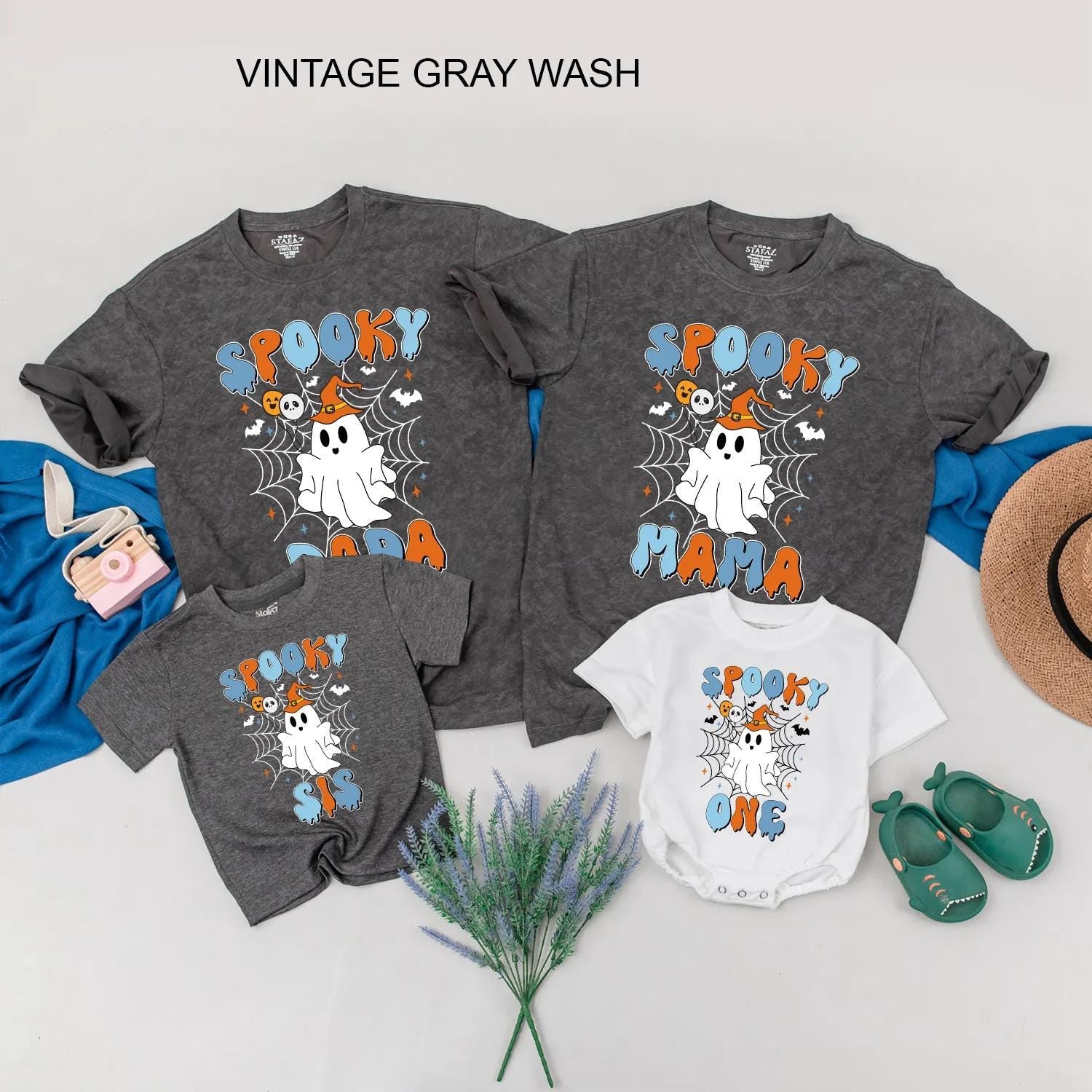 Spooky One Ghost 1st Birthday Matching Family Halloween Shirts Retro Orange & Blue Design for Mama, Bro - Playful First Birthday Party Outfit (139 chars)