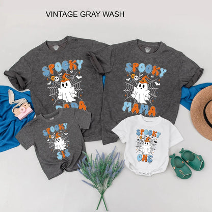 Spooky One Ghost 1st Birthday Matching Family Halloween Shirts Retro Orange & Blue Design for Mama, Bro - Playful First Birthday Party Outfit (139 chars)
