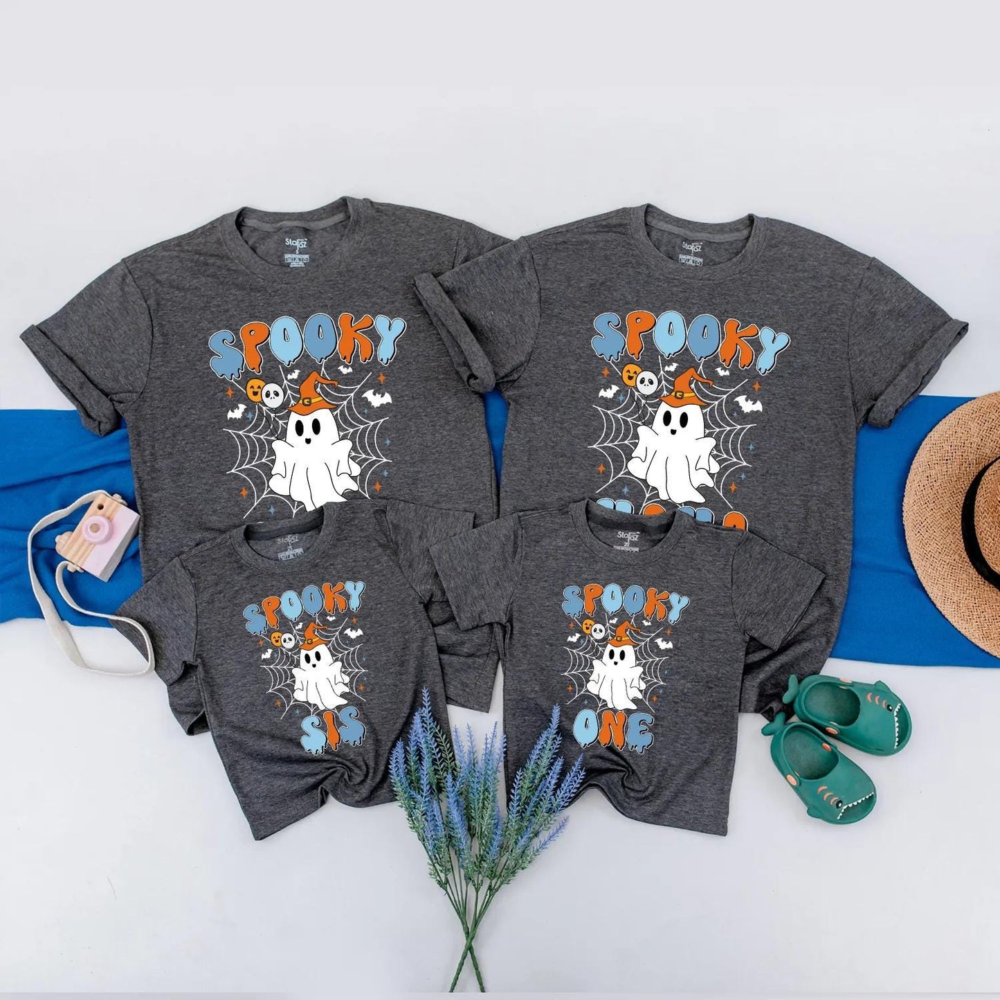 Spooky One Ghost 1st Birthday Matching Family Halloween Shirts Retro Orange & Blue Design for Mama, Bro - Playful First Birthday Party Outfit (139 chars)