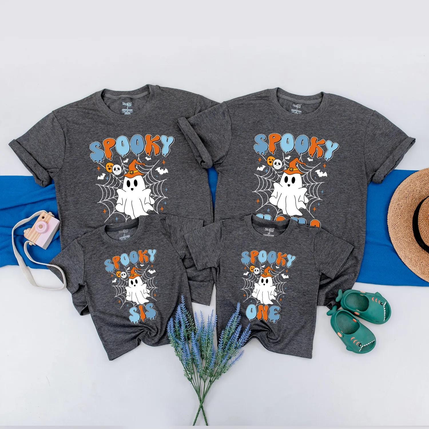 Spooky One Ghost 1st Birthday Matching Family Halloween Shirts Retro Orange & Blue Design for Mama, Bro - Playful First Birthday Party Outfit (139 chars)